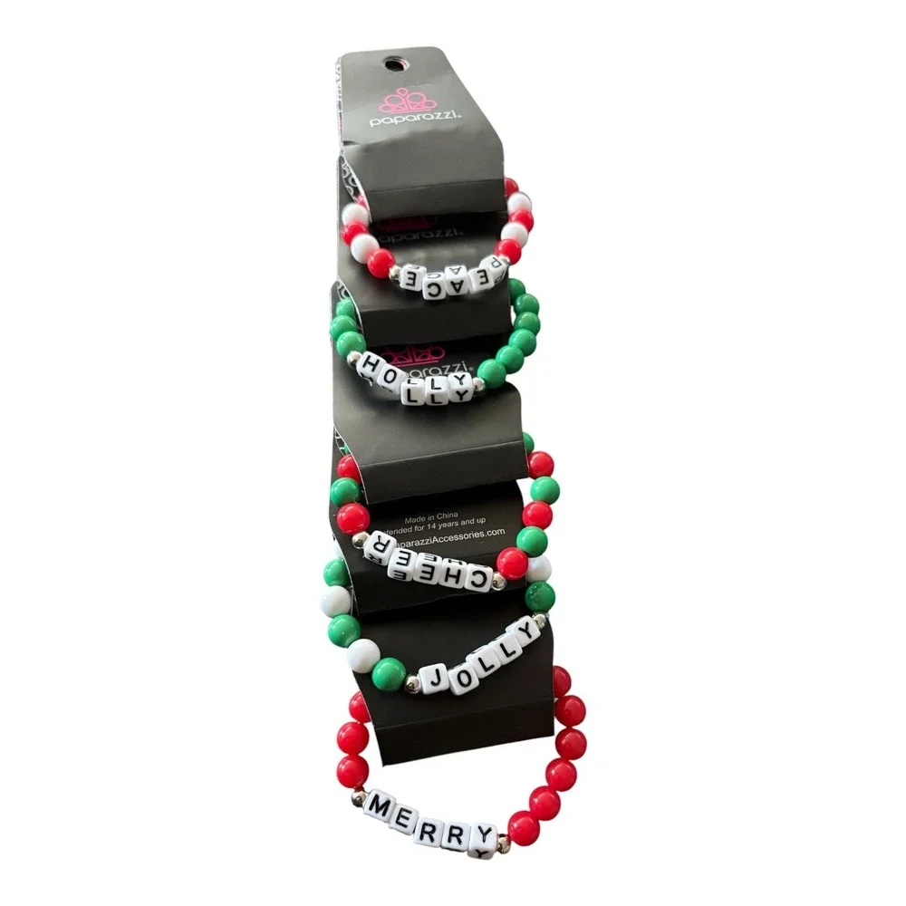 Paparazzi‎ Christmas Stretch Bracelet Set 5pc Red Green White Holiday Beads Kids